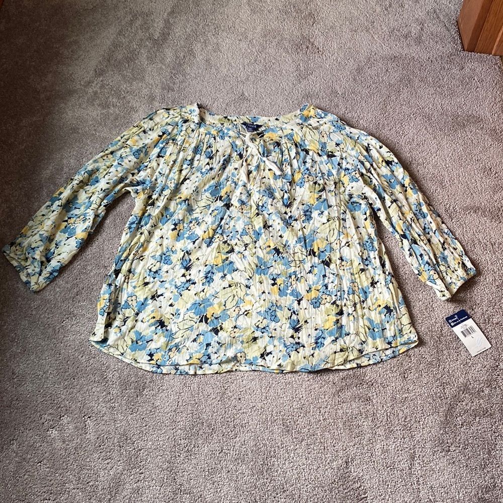Chaps Floral Peasant Blouse SIZE L Long Sleeve Smocked Boho Lightweight New
